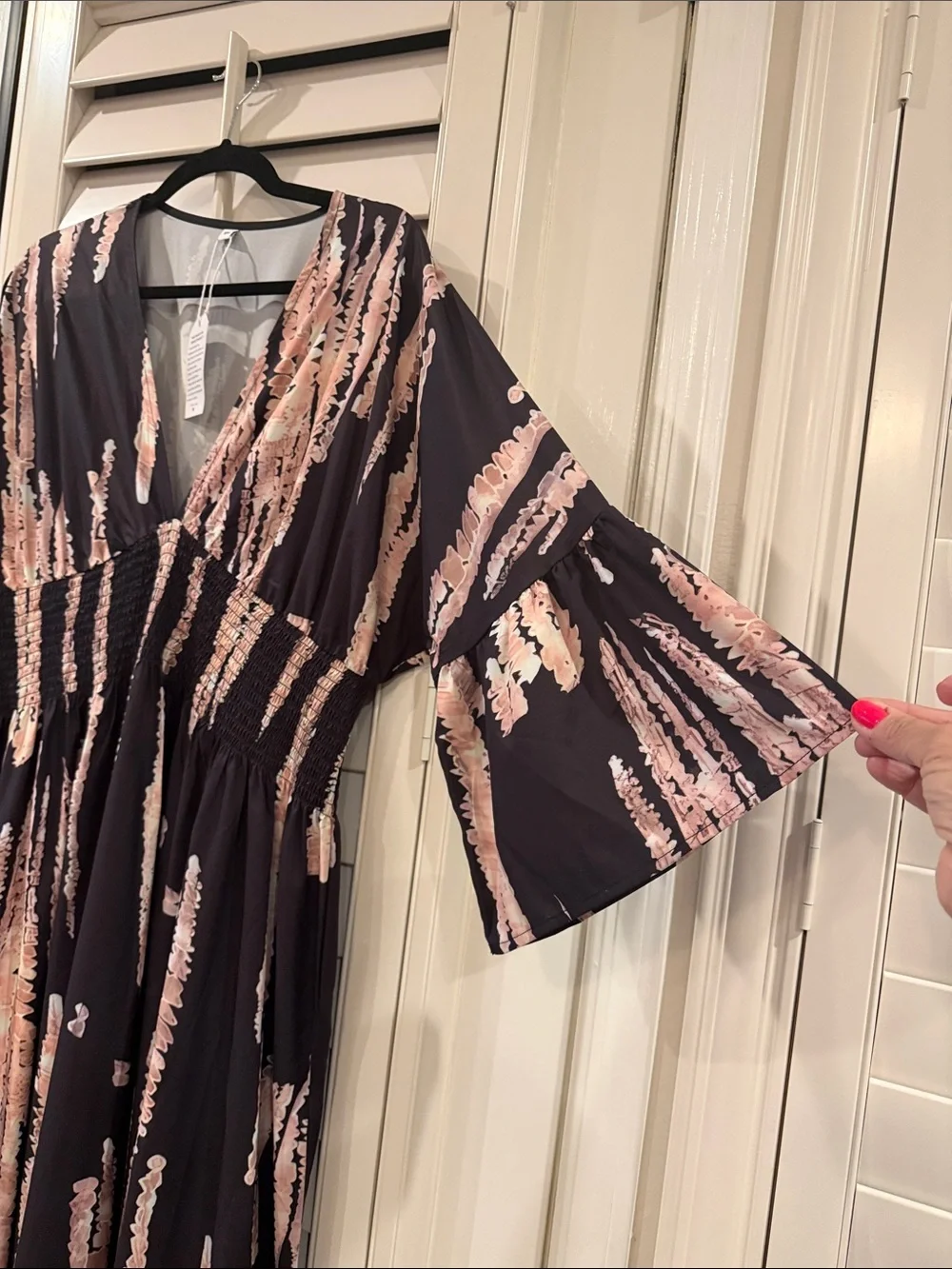 Women’s Black & Pink Printed Maxi Dress - V-Neck, Smocked Waist - Picture 3 of 5